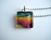 Art Pendant - Print of Original Painting Glass Tile Pendant - Scottish Landscape at Dusk