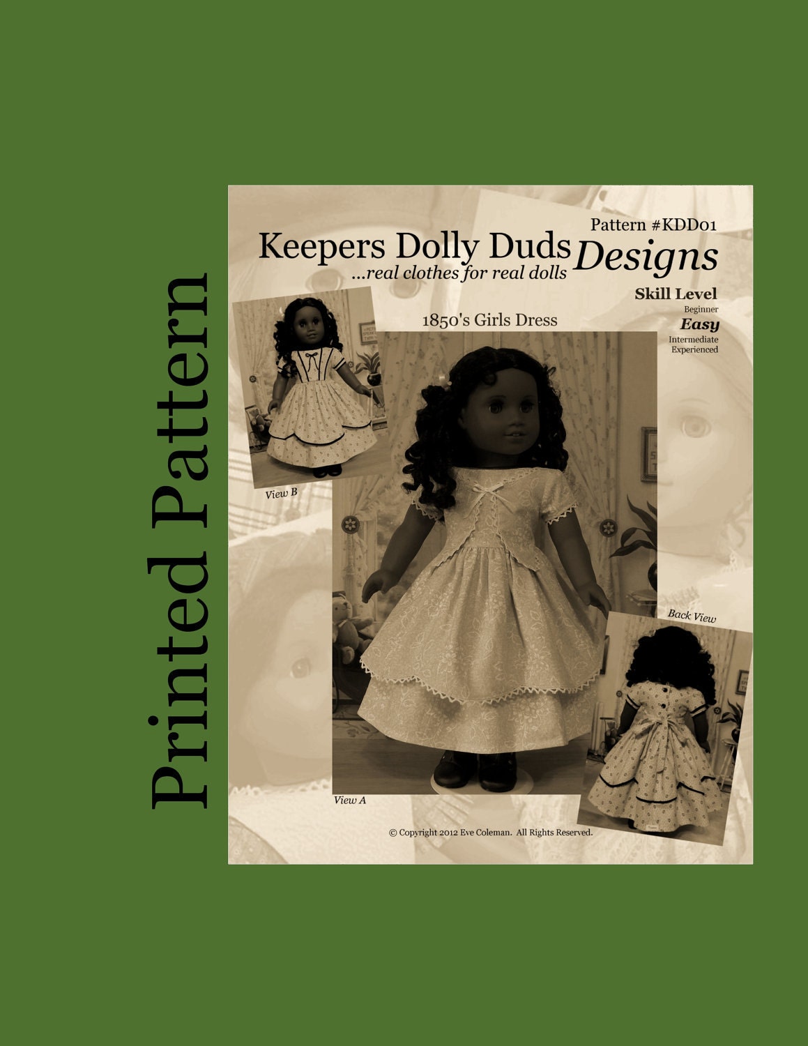 Printed PATTERN for 1850s Girl's Dress. An Original KeepersDollyDuds Design Fits 18" American Girl Doll, Developed By Thimbles and Acorns