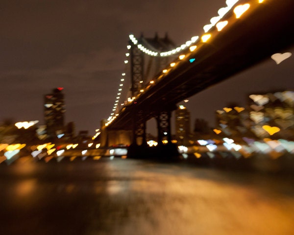 Manhattan Bridge photo, New York photo, Brooklyn photo, heart bokeh effect - 8x10 fine art photograph - pixamatic