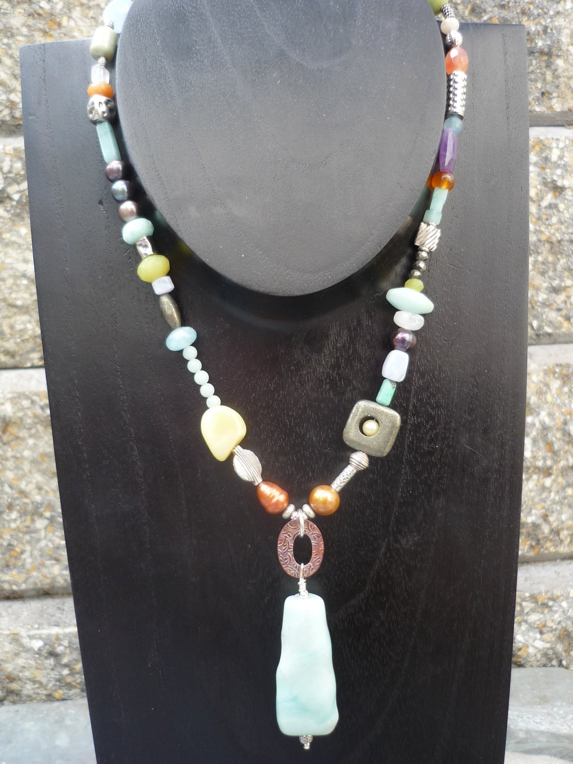 Artisan, Asymmetrical Necklace, Handcrafted with Sterling Silver, Copper, Amazonite, Pearls and Multi Gemstones