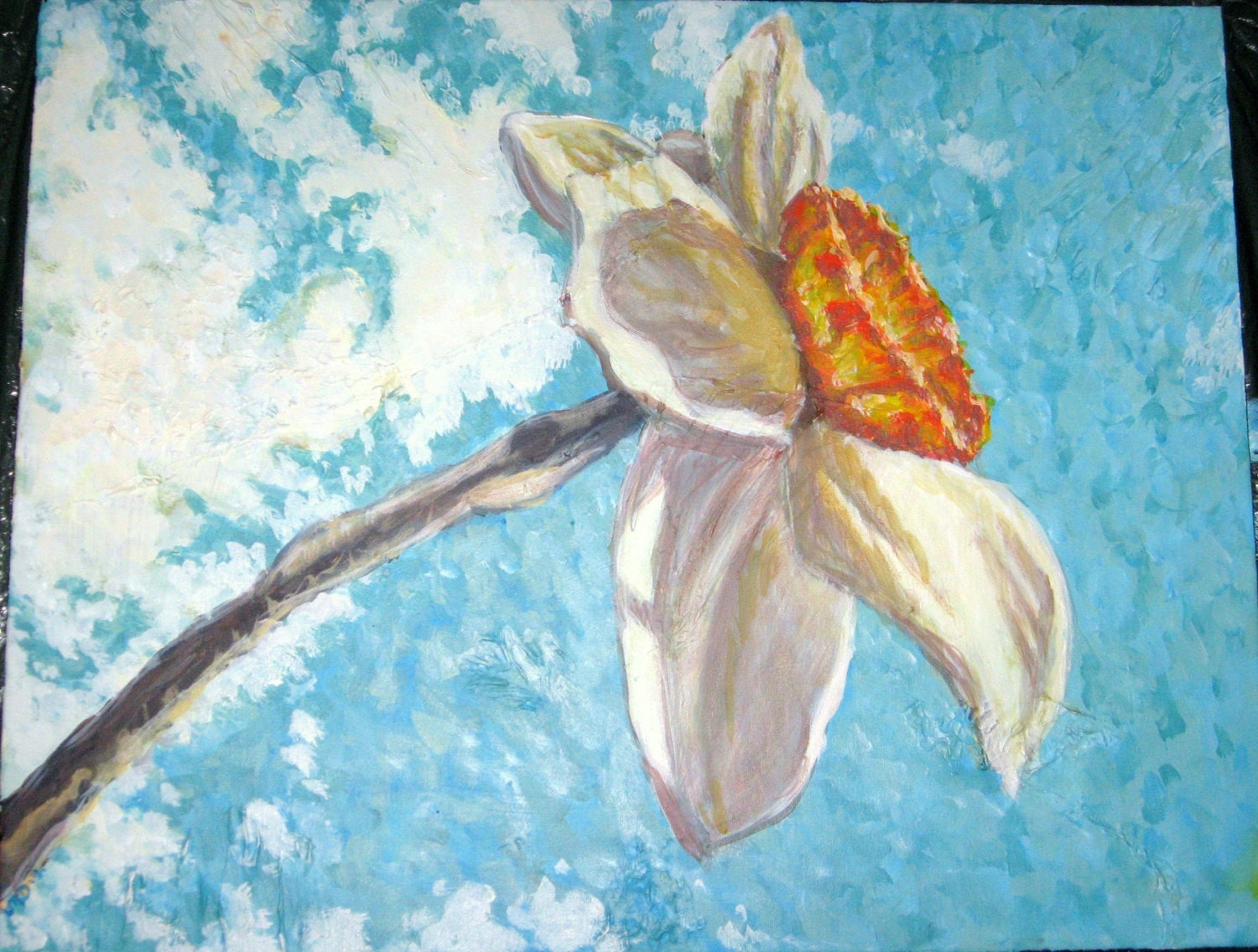 Sky Flower Original Acrylic Textured Painting on Canvas (Daffodil, Nature, Blue, Orange)