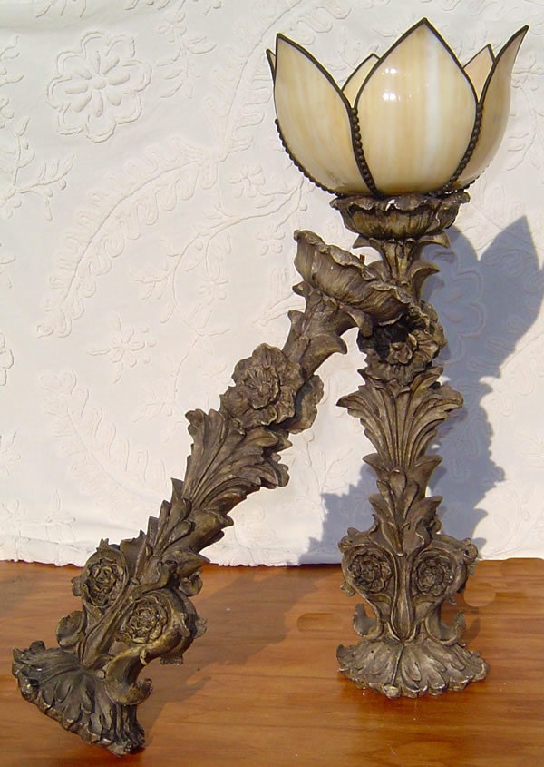 CANDLE HOLDERS / LAMPS - Vintage Ornate Floral Carved Set of 2 Wired For Lamps