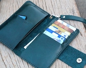 Full option teal leather iphone wallet with wristlet strap