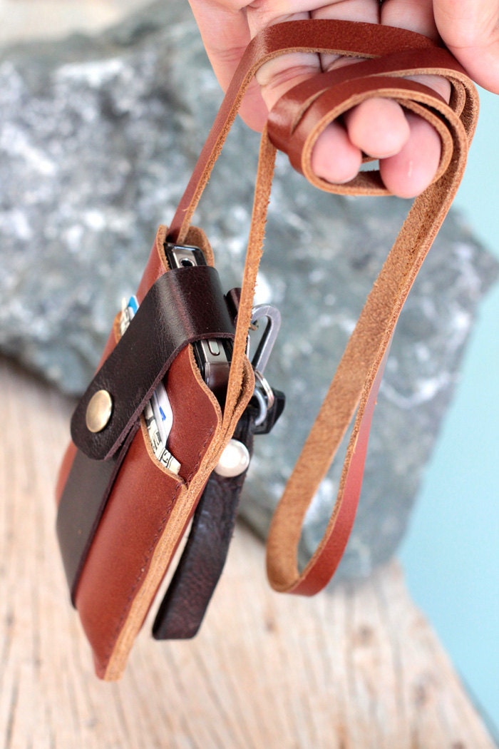 Chocolate brown leather iphone wallet with neck strap