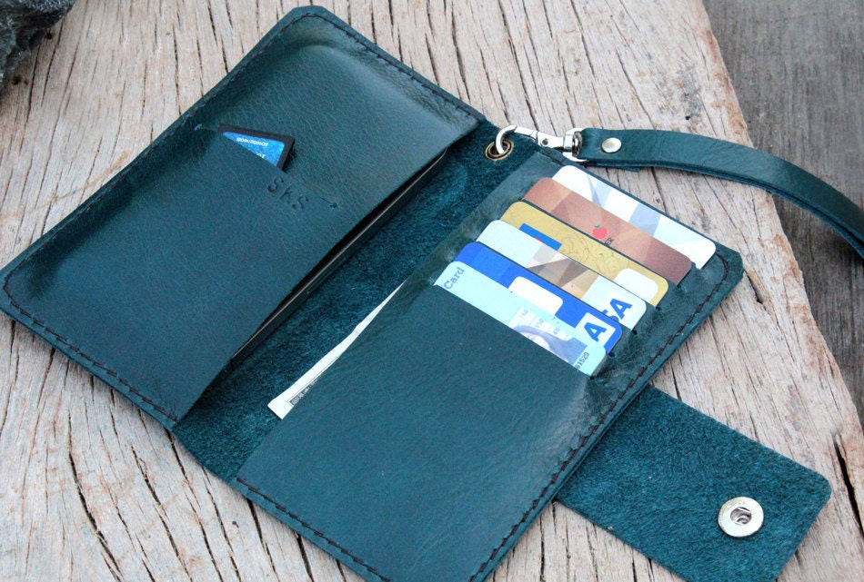 Full option teal leather iphone wallet with wristlet strap