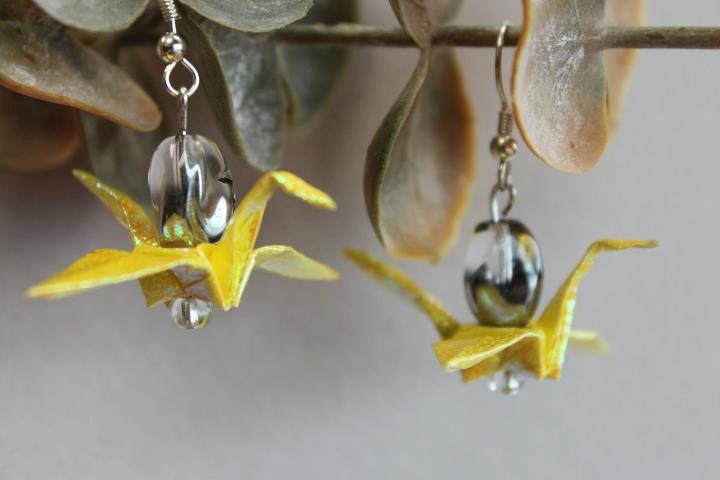 Lacquered Hand-Made Origami Earrings - Cranes