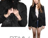 Vintage black TIBETAN Curly LAMB FUR collar Suede jacket sweater cardigan coat M