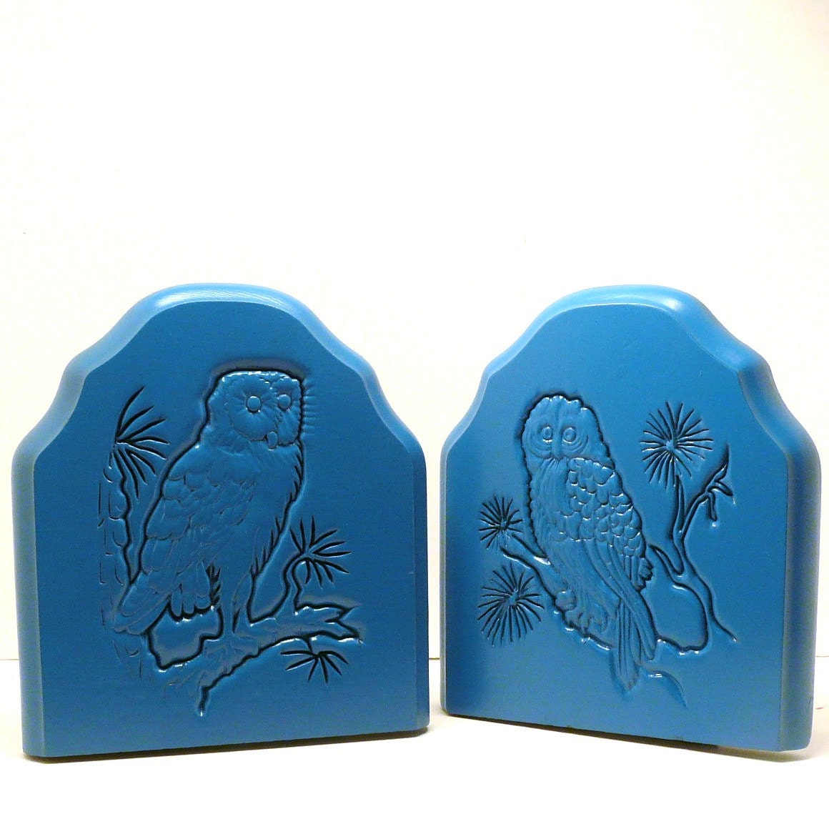 vintage owl bookends, upcycled wood, bohemian decor, owls, rustic, blue, teal, desk, home decor, home office