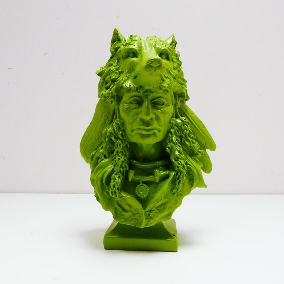 indian wolf figurine  //  upcycled home decor  //  leaf green, miniature head bust, statue, wolves, folk