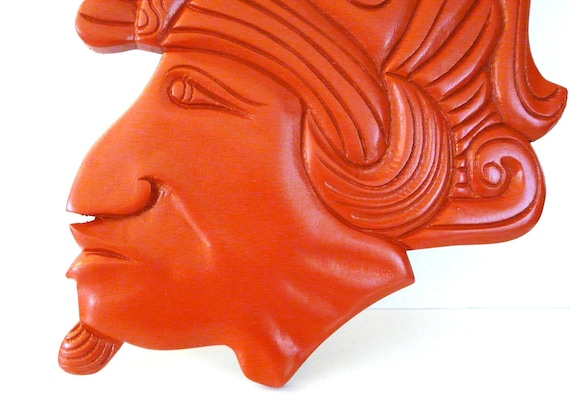 tribal head wall hanging  //  upcycled wood decor, tangerine, red orange, pumpkin  //  wood carving, natural, indian, deep color