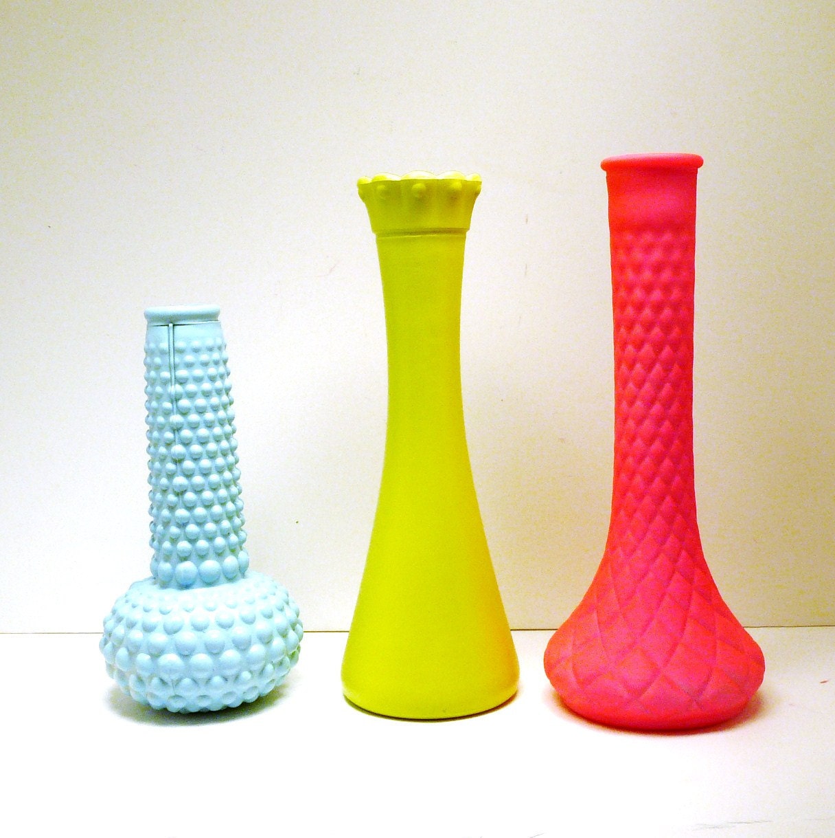 vintage milk glass vase set  //  turquoise, aqua, neon pink, lime green  //  painted vases, mid century decor, upcycled, retro, 60s, mod