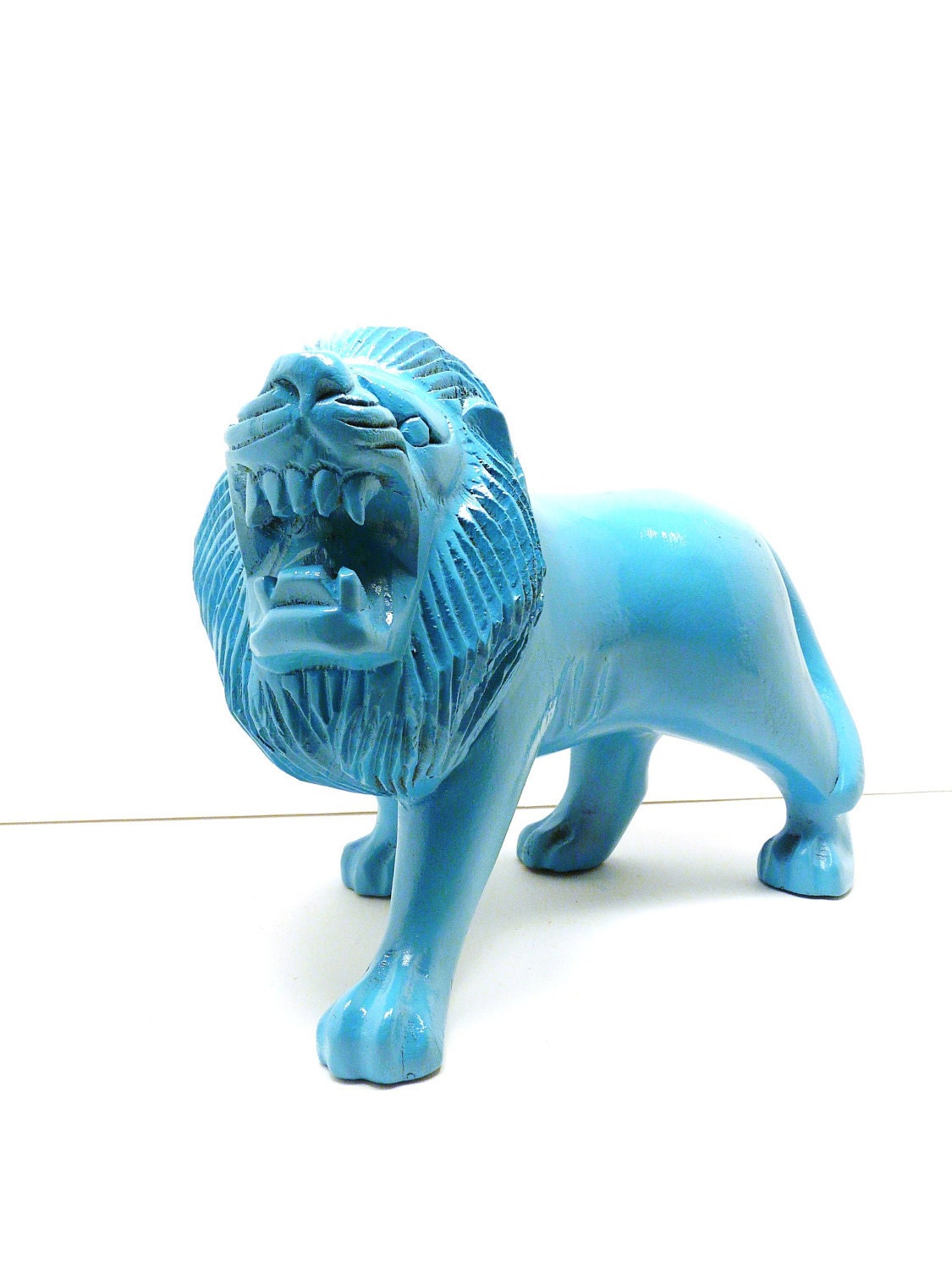 painted lion figurine  //  turquoise, upcycled wood, aqua blue, lions, wood animal, kitsch, safari decor, animals