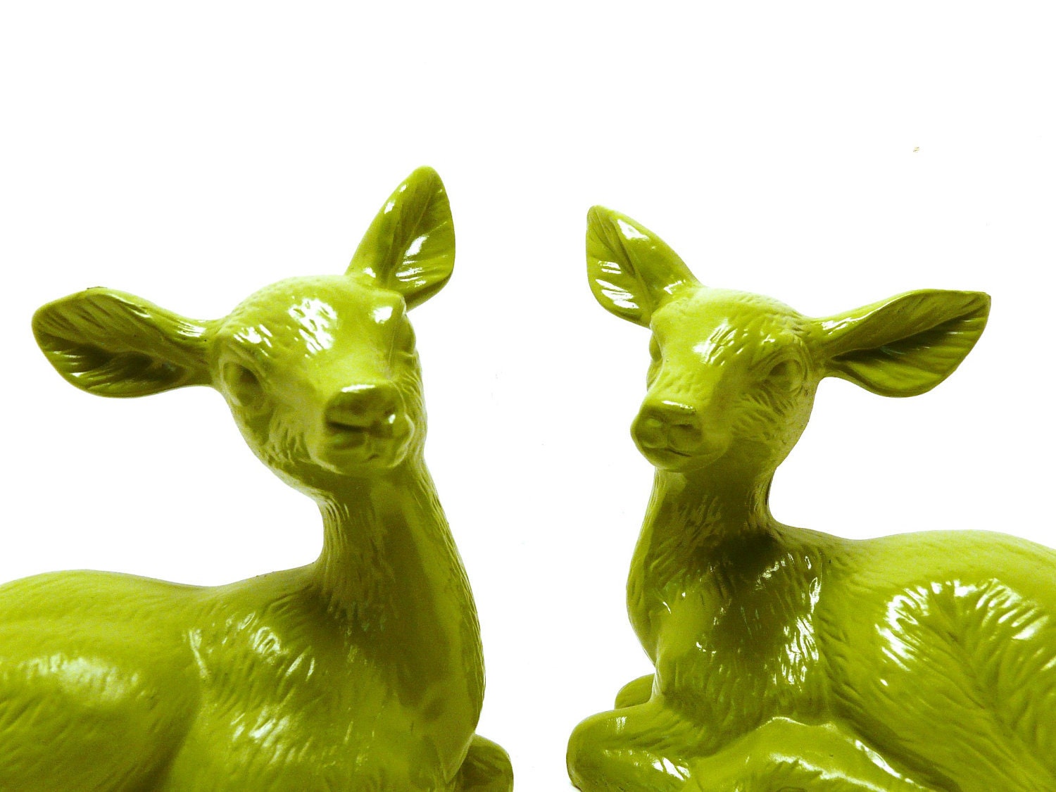 RESERVED deer figurines // avocado green, woodland, kitschy decor, 70s, mod, forest, spring housewares, nature, upcycled