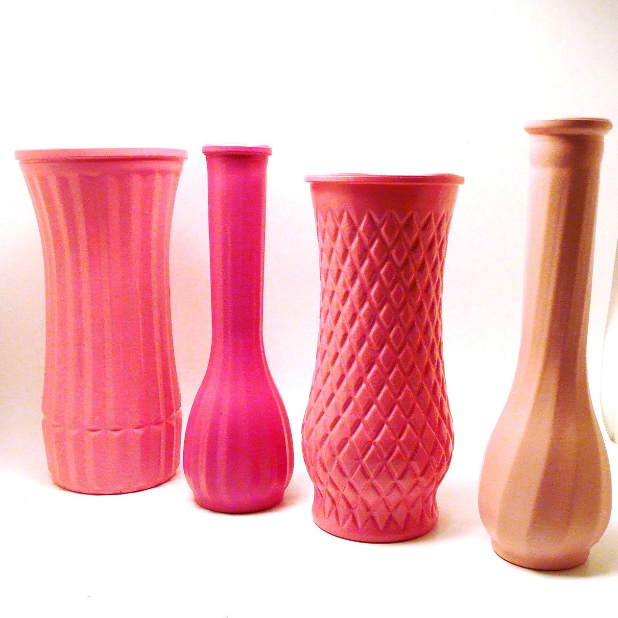 kitsch pink vases, vintage milk glass // pale pink, coral, hot pink, upcycled vase collection, 60s decor, retro, colorful, wedding, summer