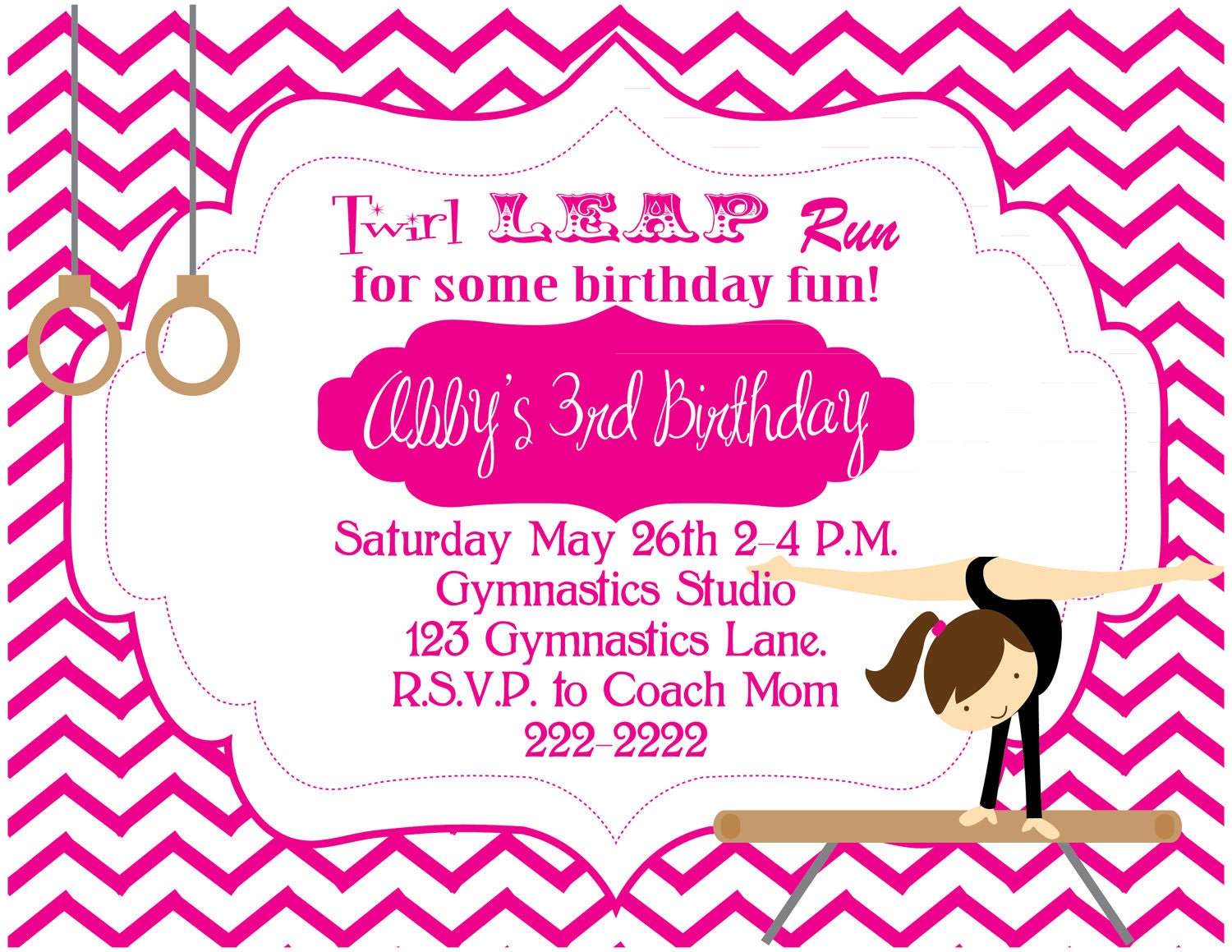 Printable 5X7 Gymnastics Birthday Invitation...by Party Like Paula