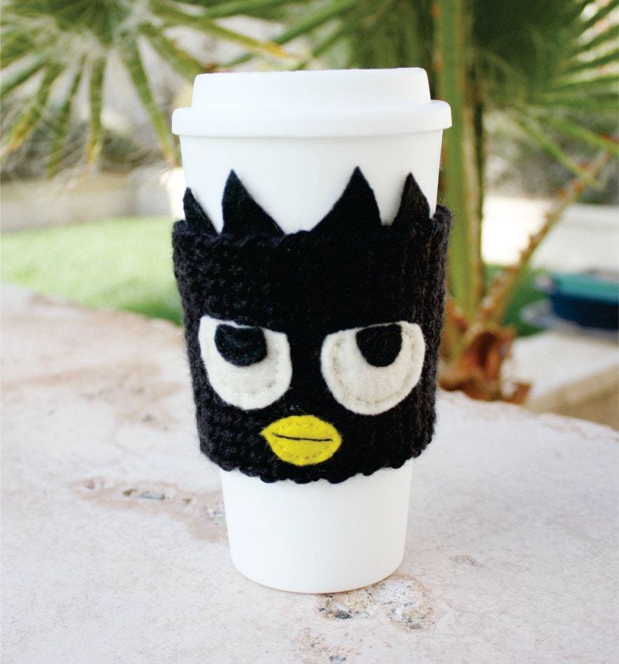 Badtz Maru Inspired Coffee Travel Mug Cup Cozy: Sanrio -ish Crochet Knit Cozy Sleeve