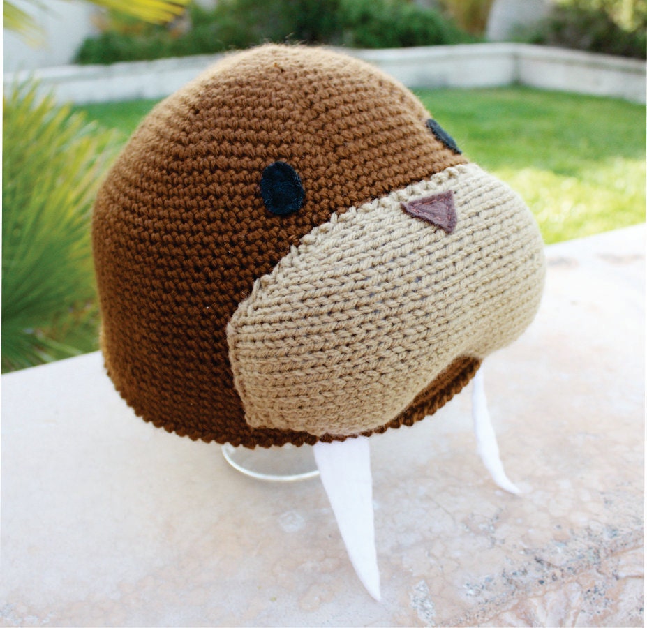 Walrus With Tusks Hat:  Aquatic Marine Life Lover Kawaii Handmade Crochet Beanie Hat