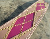 Recycled Leather Bracelet Pink Quilted Argyle Preppy Reclaimed Ooak Cuff with Snap D-21-1