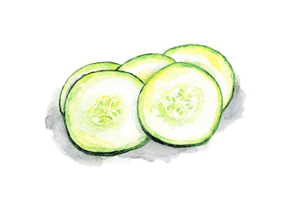Cucumber Slices - Still Life, Fresh, Spring Green, Food, Vegetables, Kitchen Art, Botanical - Print of Watercolor Painting