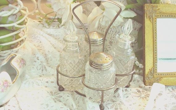 Vintage Glass Condiment Set Cottage Chic