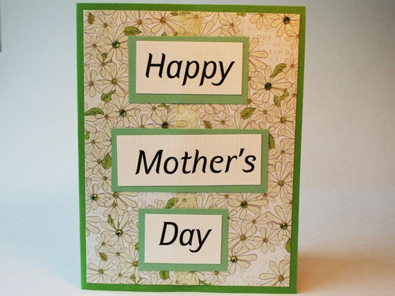 Mother's Day Card, Flowers, Daisy, Green, Yellow, Ribbon, Rhinestones