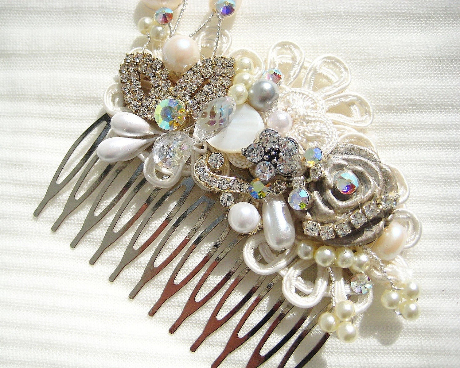 Bridal Hair Comb or Clip in Ivory with Rhinestone, Pearls, Crystal- Vintage Hair Piece- Wedding Hair Accessories- Fascinator