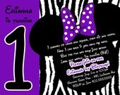Custom Photo Purple Pink Red Zebra Print Mickey & Minnie Mouse Inspired Birthday Party Invitation Card   - You Print