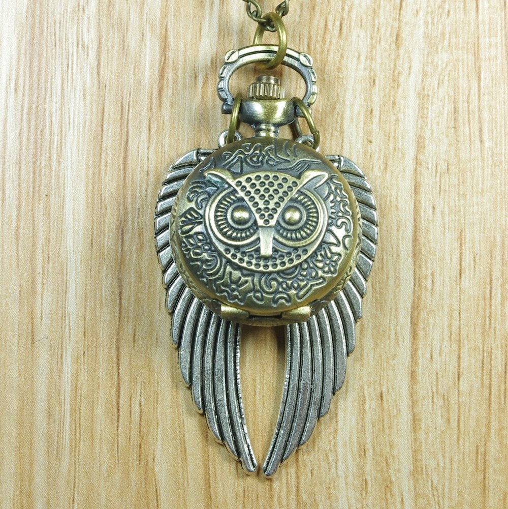 SALE-Steampunk enchanted double sided wings harry potter flying OWL watch Necklace