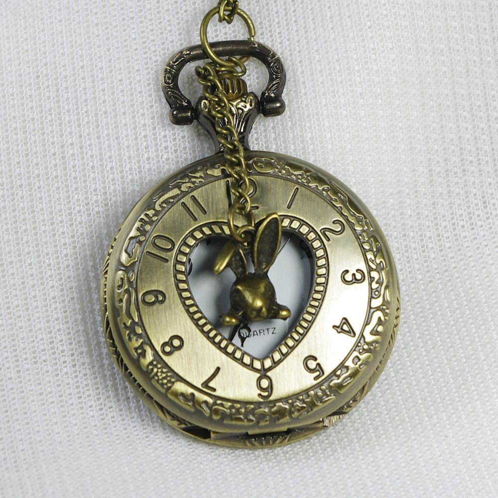 heart pattern roma number pocket watch necklace locket with a lovely rabbit