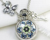 blue flower silver pocket watch necklace with a bute butterfly and key - tonightstar