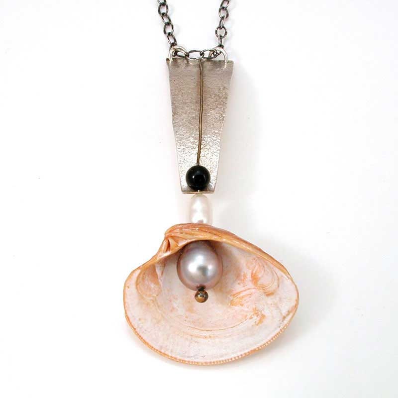 Clam Shell Sea Shell Pendant with Onyx and Freshwater Pearl - Sterling Silver- Handmade- OOAK - WoobieLove