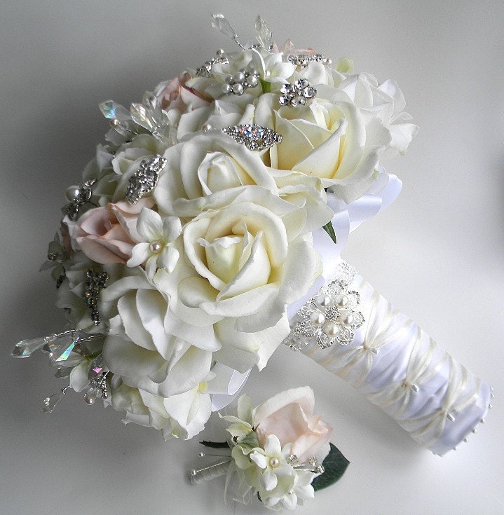 The Michelle Bouquet- Rhinestone and Pearl Real Touch Rose Bouquet in  White, Ivory &  Blush  Brooch Bouquet.