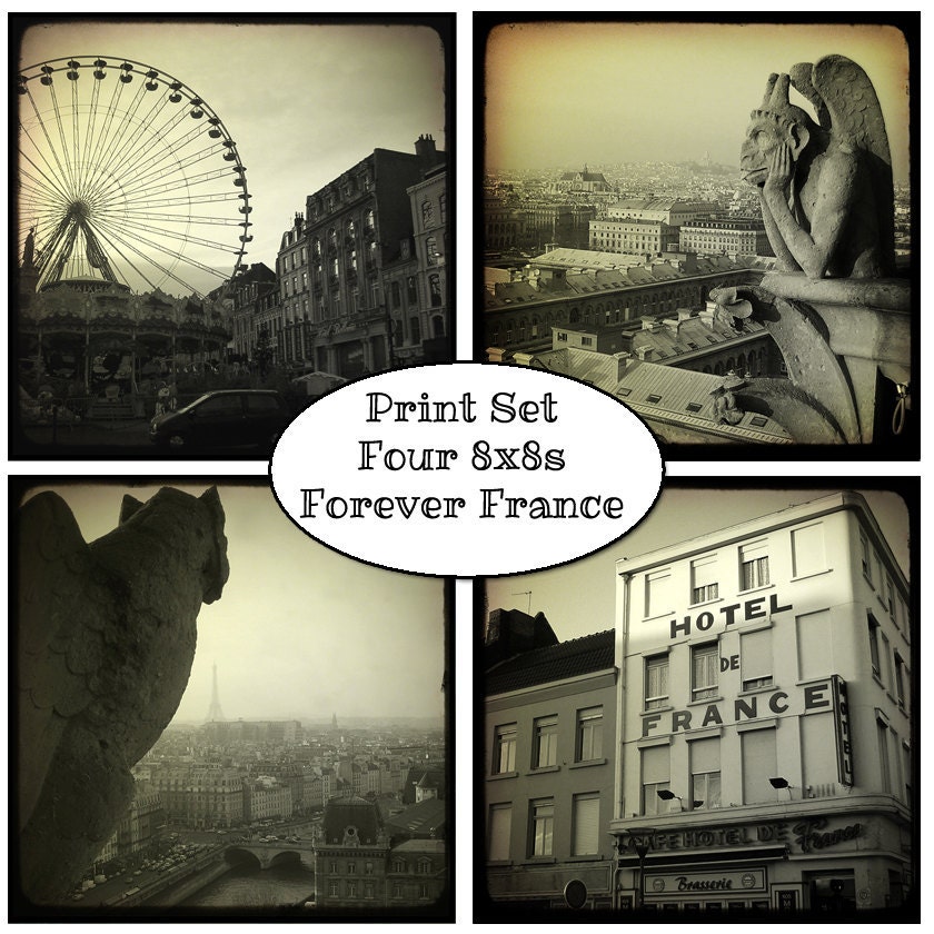 Paris Gothic Photography - Set of Four 8x8 Fine Art Prints - Home Decor - TTV Square Sepia Vintage Metallic Photographs - France Travel