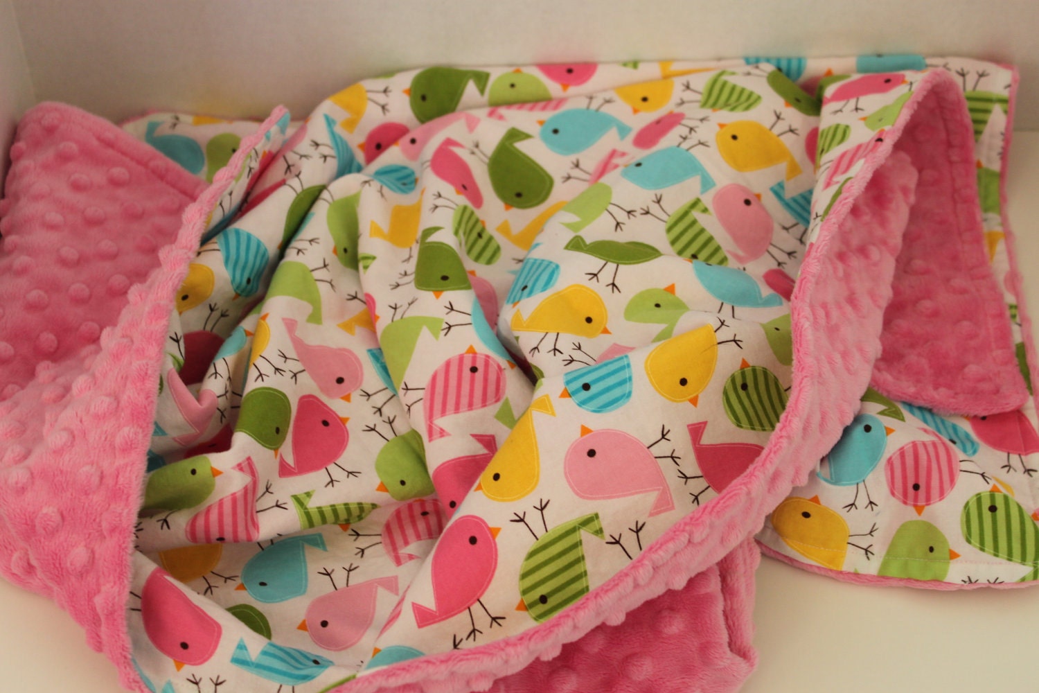 Baby Blanket, Robert Kaufman Urban Zoologie Birds in Spring , Pink Minky