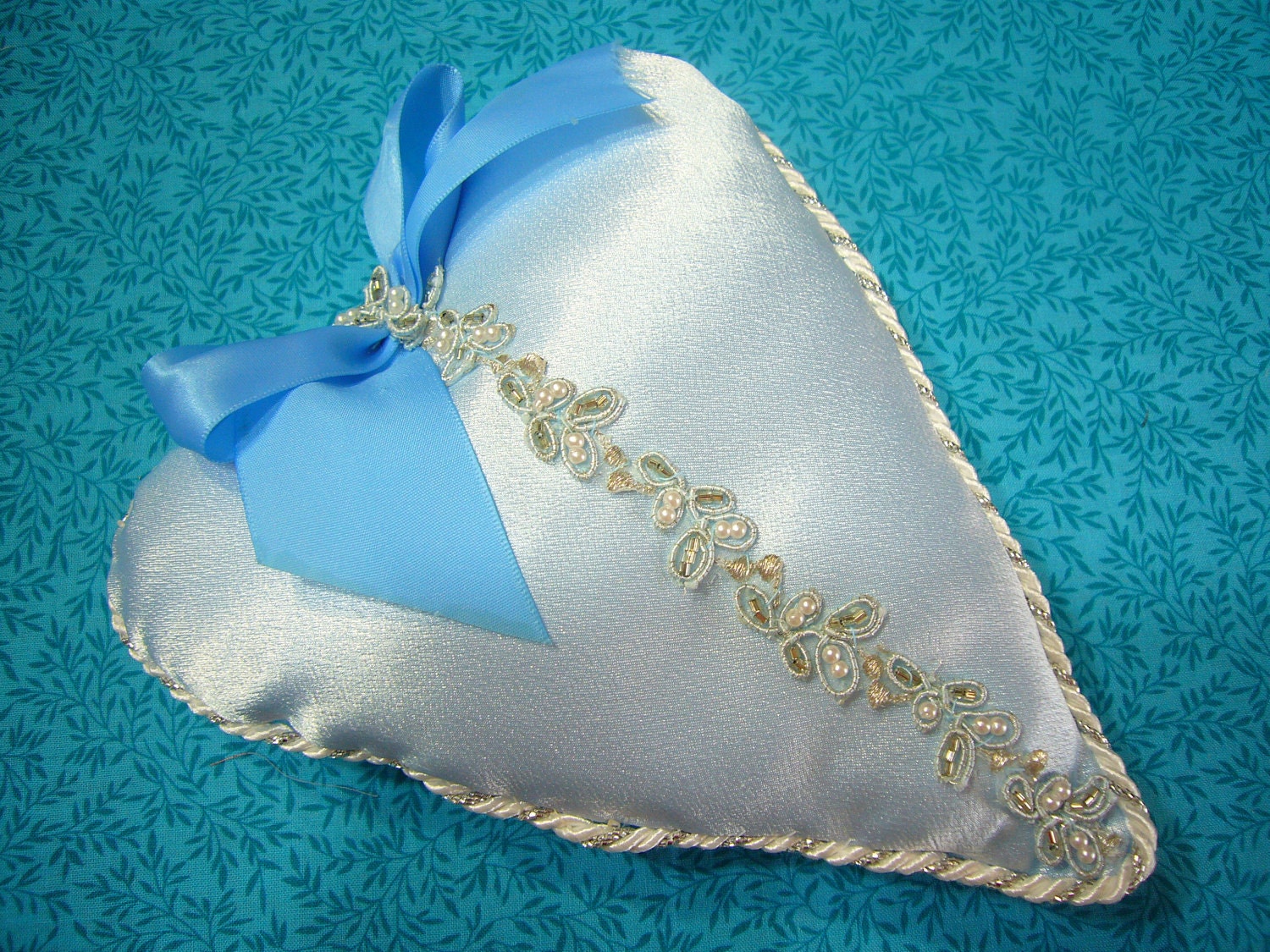 One light blue Handmade Shabby Chic Heart Sachet Pillow ring bear pillow baby pillow by MarlenesAttic