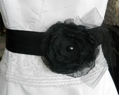 Black Wedding Dress Sash with Chiffon Flower, Tulle and Swarovski Pearl on Satin Ribbon