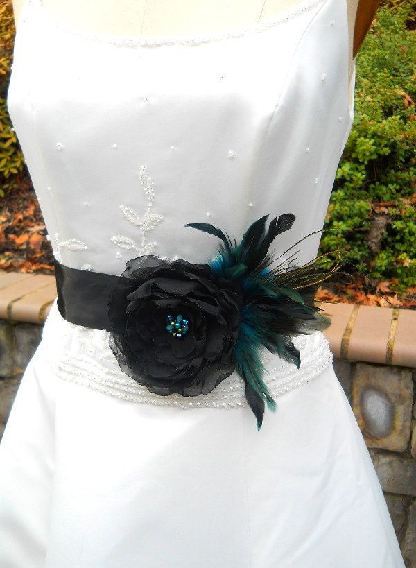 Stunning Wedding Dress Sash Chiffon Flower, Feathers, Swarovski Pearls in Black,Peacock Colors