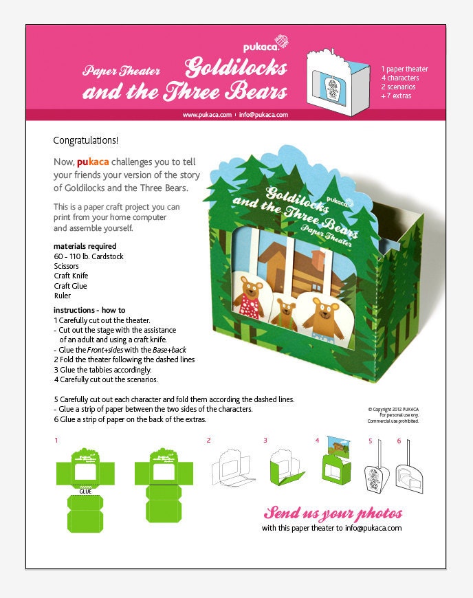 Goldilocks and the Three Bears Paper Theater - Printable PDF Toy - DIY Craft Kit Paper Toy with free Paper Finger Puppets - Party Favor