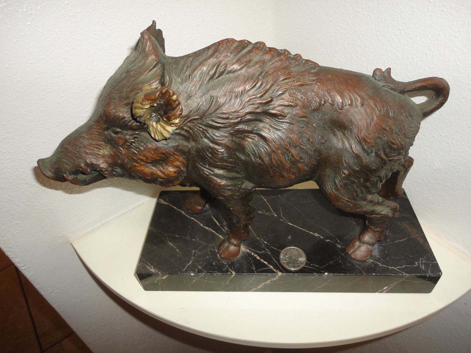 Fine Artisan Bronze Boar Swine Sculpture on Marble Base Depose Italy
