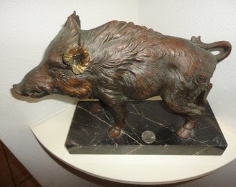 Fine Artisan Bronze Boar Swine Sculpture on Marble Base Depose Italy