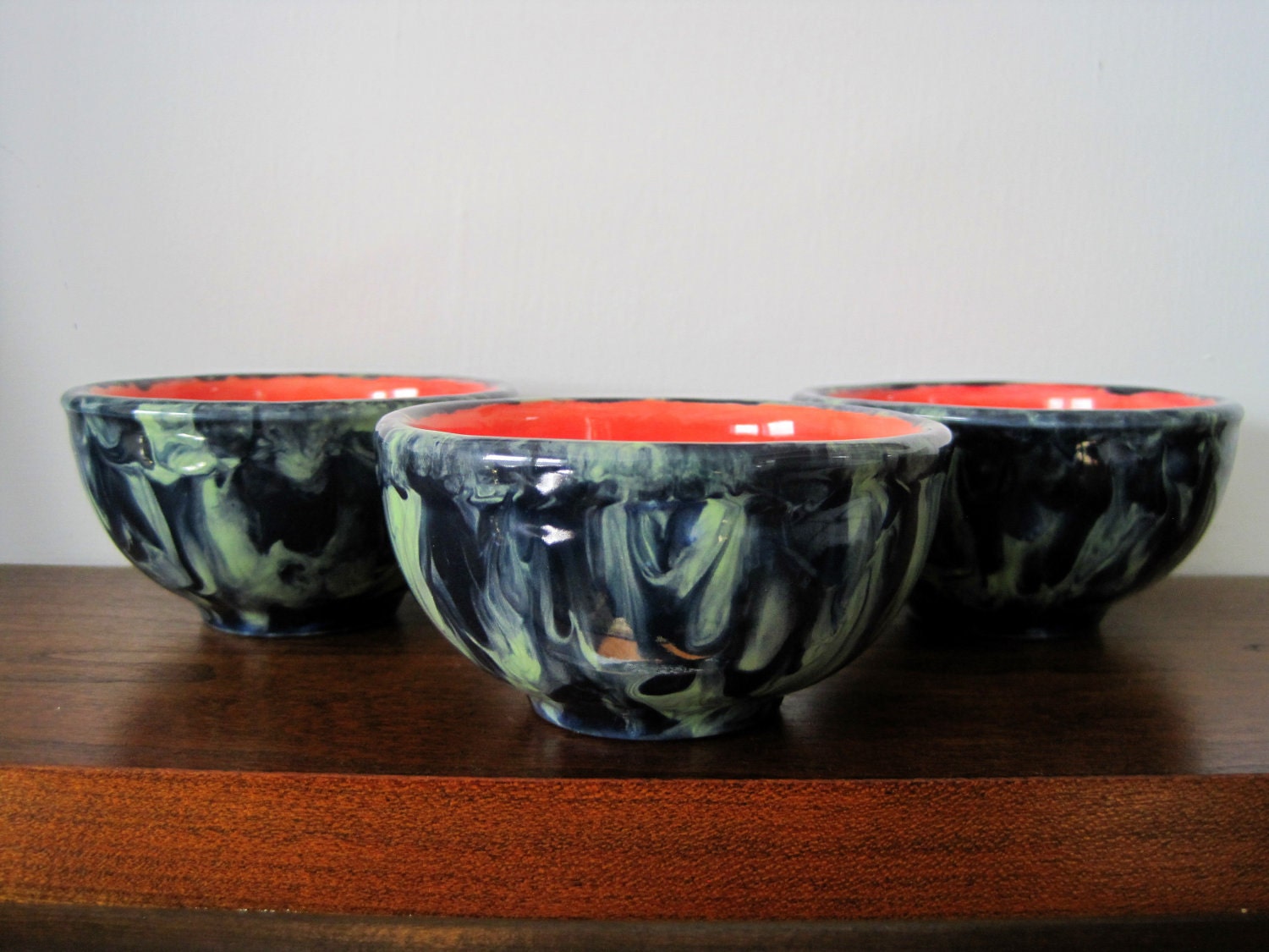 Decorative Dip Bowls (SET OF 3)-- Deep Blue and Aqua Green Marbleized Exterior, Blended Salmon Interior