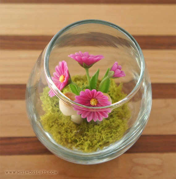 SALE - Tiny Purple Daisy Woodland Terrarium in Repurposed Vase