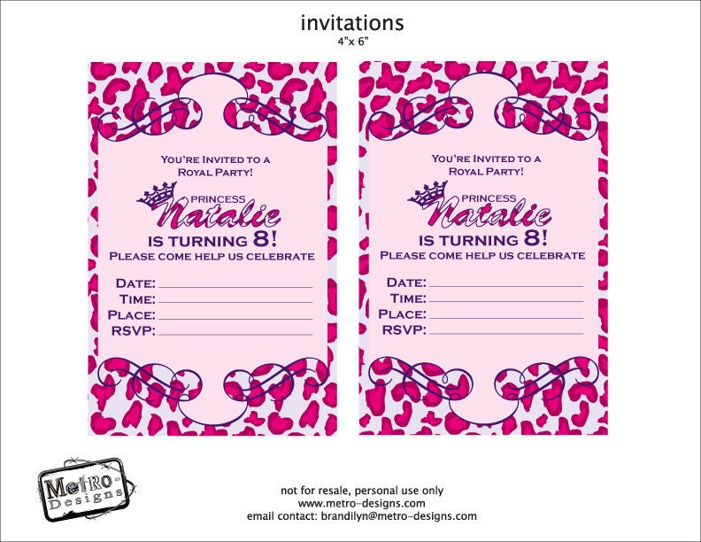 Pink/Purple Leopard Princess Invitation - 25qty  PRINTED - by Metro Events/Metro-Designs