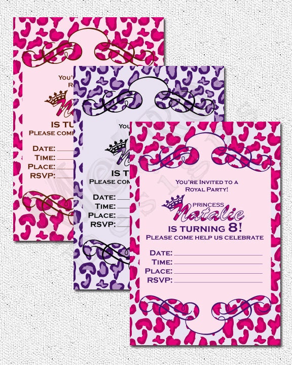 Pink/Purple Leopard Princess Invitation - 25qty  PRINTED - by Metro Events/Metro-Designs