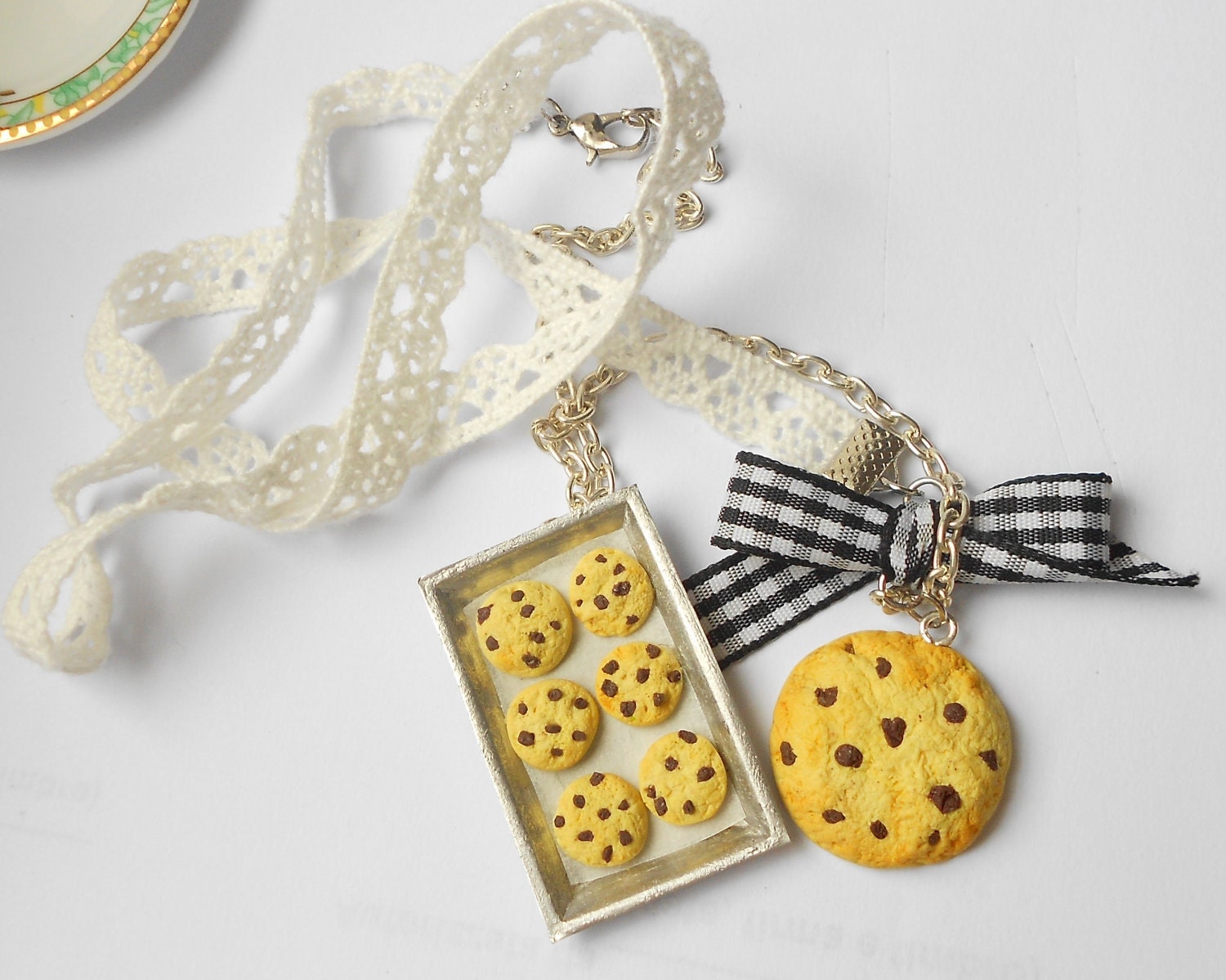 Cookies on tray necklace and post earrings - handmade miniture polymer clay food jewelry