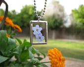 Silver Soldered Glass Pendant with Real Forget Me Not Flowers