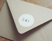 48 Wedding White Circle Initial Stickers Hand-Stamped for Favors and Envelope Seals (Custom)