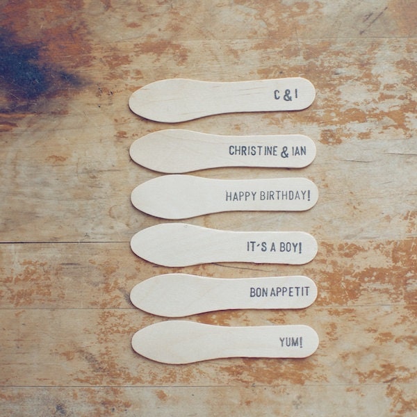 50 Wood Ice Cream Spoons with Custom Hand-Stamped Text on Handle