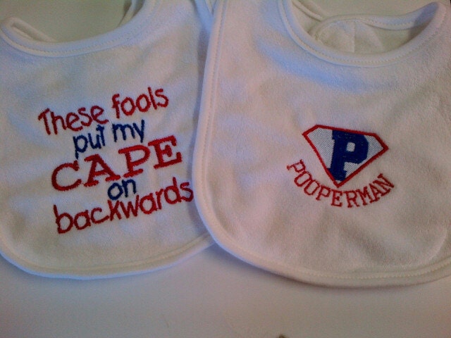These Fools Put My Cape On Backwards Red and Blue and Pooperman Boys Superhero Bib Set of 2- FUNNY BIB