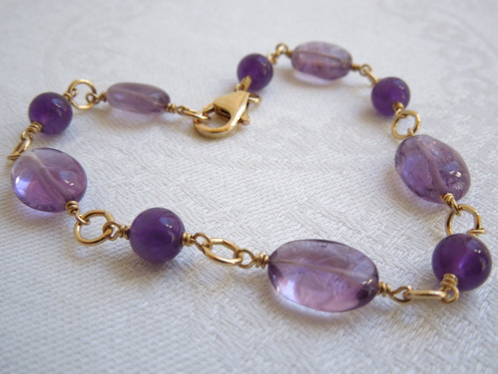 Purple Amethyst Bracelet: Lilac Gemstones- Gold Filled Wire
